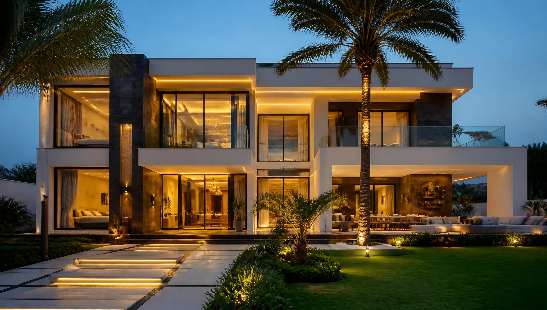 Modern luxury villa at dusk